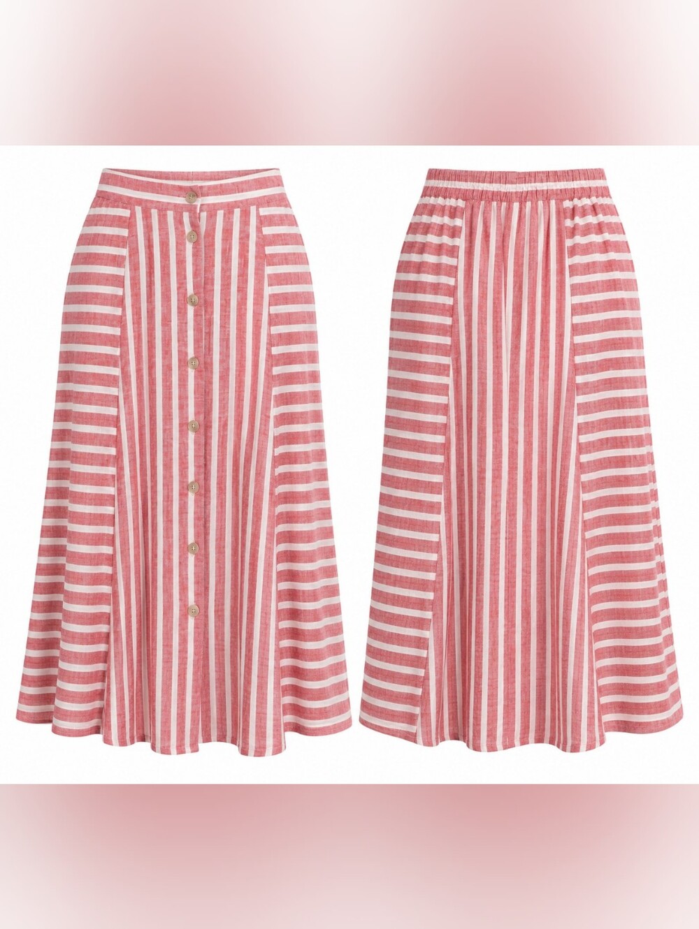 Universal Thread Red White Striped Linen Blend Button Front Midi Skirt M Resort